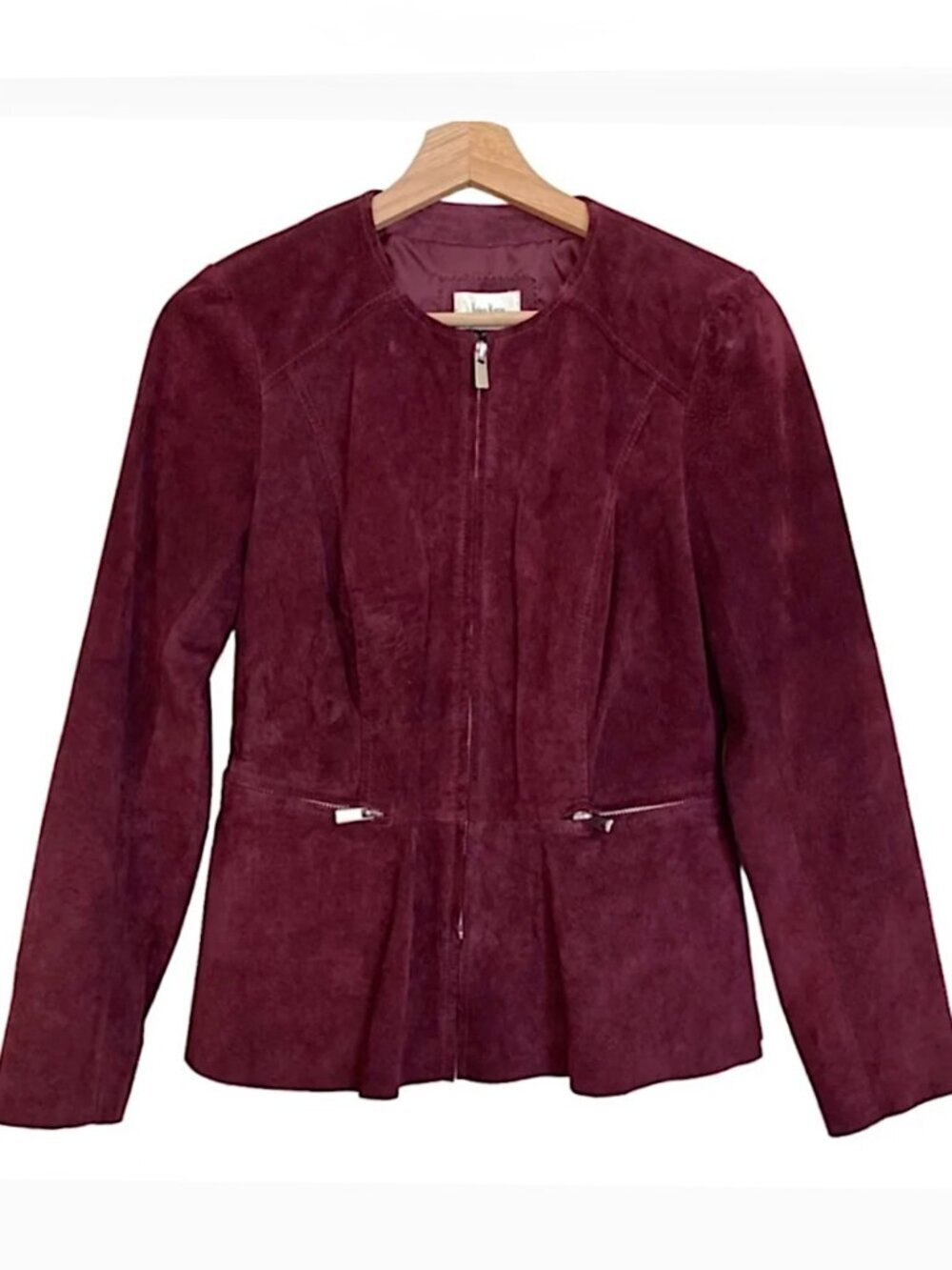 NEIMAN MARCUS Suede Leather Zip Front Collarless Jacket
